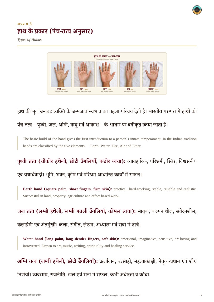 सामुद्रिक महा-ग्रंथ भीतरी पृष्ठ — हाथ के पंच-तत्व प्रकार, असली हथेली-फोटो सहित